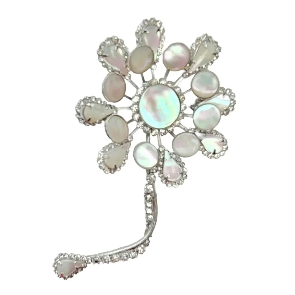Hattie Carnegie Silvertone Statement Mother Of Pearl Clear Rhinestone Flower Pin